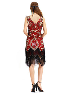 Wine Red 1920s V Neck Sequined Fringed Flapper Dres