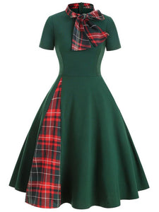 1950S Bow Collar Plaid Swing Dress 