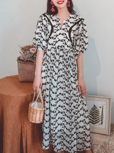 Jolly Vintage Women's Lace Embroidered Black Floral Half Sleeves Boho Maxi Dress