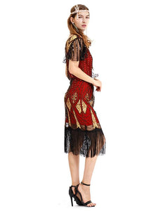 Red Gold 1920s V Neck Sequined Flapper Dres