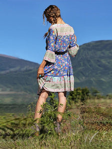 Women's Summer Boho Dress Floral Printed V Neck Beach Maxi Dress
