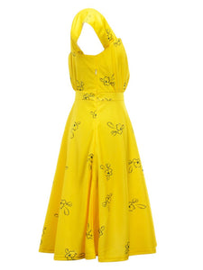 Yellow Sweet Cap Sleeve Printed Vintage Dress