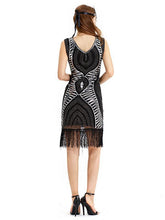 Load image into Gallery viewer, Black Gold 1920s V Neck Sequined Fringed Flapper Dress