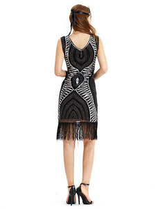 Black Gold 1920s V Neck Sequined Fringed Flapper Dress