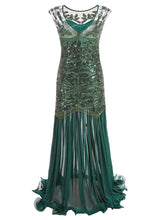 Load image into Gallery viewer, Green 1920s Maxi Sequined Flapper Dress