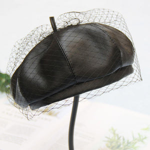 Black Faux Leather Beret Hat Cap With Veil