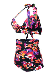 

Floral Print Halter Backless Retro Style Binikis Swimwear