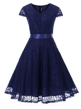 Load image into Gallery viewer, A Line Solid Color Lace Cap Sleeve Vintage Dress