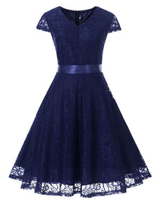 A Line Solid Color Lace Cap Sleeve Vintage Dress