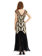 Load image into Gallery viewer, Black Gold 1920s Crew Neck Sequined Flapper Dres