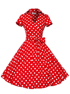 Elegant High Waist V Neck Short Sleeve Dots Vintage Dress