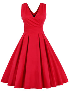  50s Retro Style Solid Color V Neck Dress