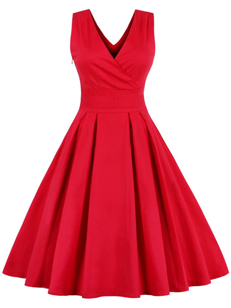 50s Retro Style Solid Color V Neck Dress