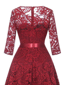 Lace O Neck 3/4 Length Sleeve High Low Hem Vintage Dress