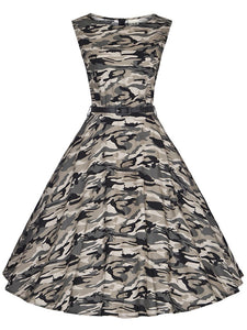 Camouflage Army Style 50s Flapper Dress, Gray / XL Camouflage Army Style 50s Flapper Dress, Gray / XL