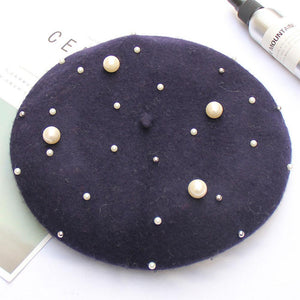 Women Pearl Stars Wool Felt Beret Hat Cap