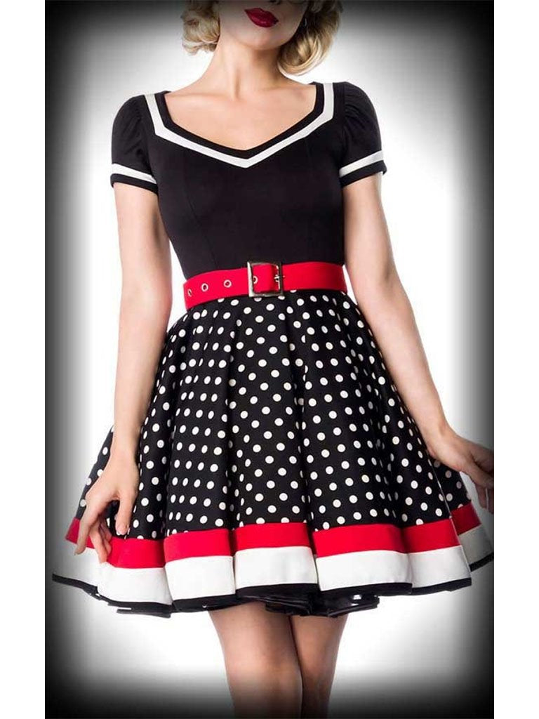 Polka Dots A Line Vintage Dress with Belt, Navy / S