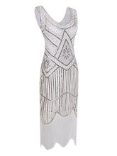 Load image into Gallery viewer, White 1920s V Neck Sequined Flapper Dress