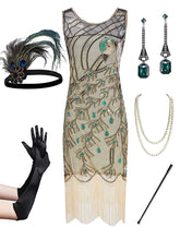 Load image into Gallery viewer, Green Peacock Feather Embroidered 1920S Gatsby Sequined Flapper Dress Set