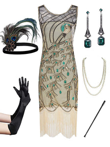 Green Peacock Feather Embroidered 1920S Gatsby Sequined Flapper Dress Set