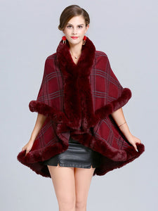 Women Poncho Wrap Faux Fur Collar Double Layer
