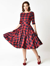 Load image into Gallery viewer, Elegent Low Back Crewneck Sleeveless Plaid Vintage Dress