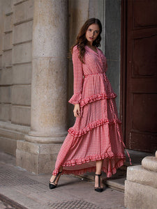 Women's Boho Dress Red Plaid Splid Ruffles Peplum Maxi Dress Cake Dress