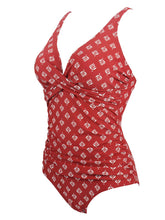 Load image into Gallery viewer, Printed Red Background Retro Style One Piece Backless Trigonal Bikini Set