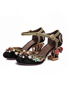 Luxury Floral Gem Studded Heels Ankle Strap Vintage Wedding Shoes