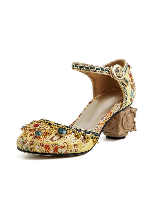 Luxurious Rhinestone Embroidery Floral Block Heel Ankle Strap Vintage Shoes