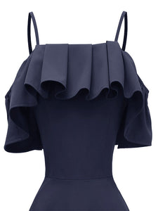 Navy 1950s Spaghetti Strap Ruffles Vintage Dress