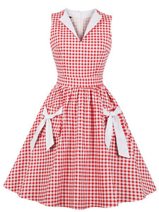 Printed V Neck Green Plaid Vintage Dress
