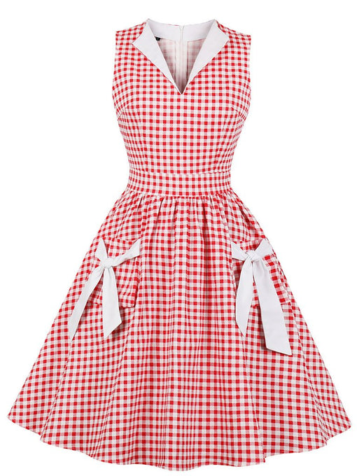 Printed V Neck Green Plaid Vintage Dress