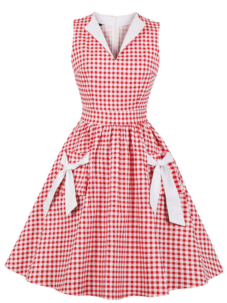 Printed V Neck Green Plaid Vintage Dress