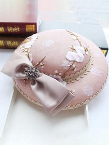 Pink Plum Embroidery Flower And Bow Rhinestone Decoration 1950S Hat 