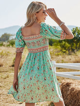 Load image into Gallery viewer, Women&#39;s Green Floral Boho Dress Short Ruffle Sleeve Square Neck Beach Dress