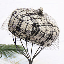 Load image into Gallery viewer, Black White Plaid Worsted Beret Hat Cap With Veil