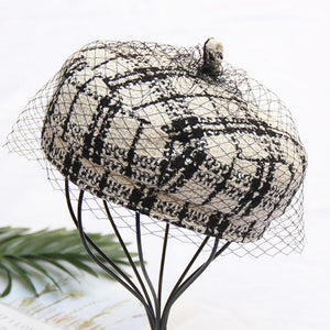 Black White Plaid Worsted Beret Hat Cap With Veil
