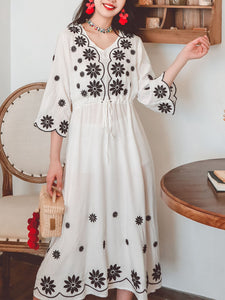 Jolly Vintage Women's Embroidered Floral 3/4 Sleeves V Neck Boho Dress