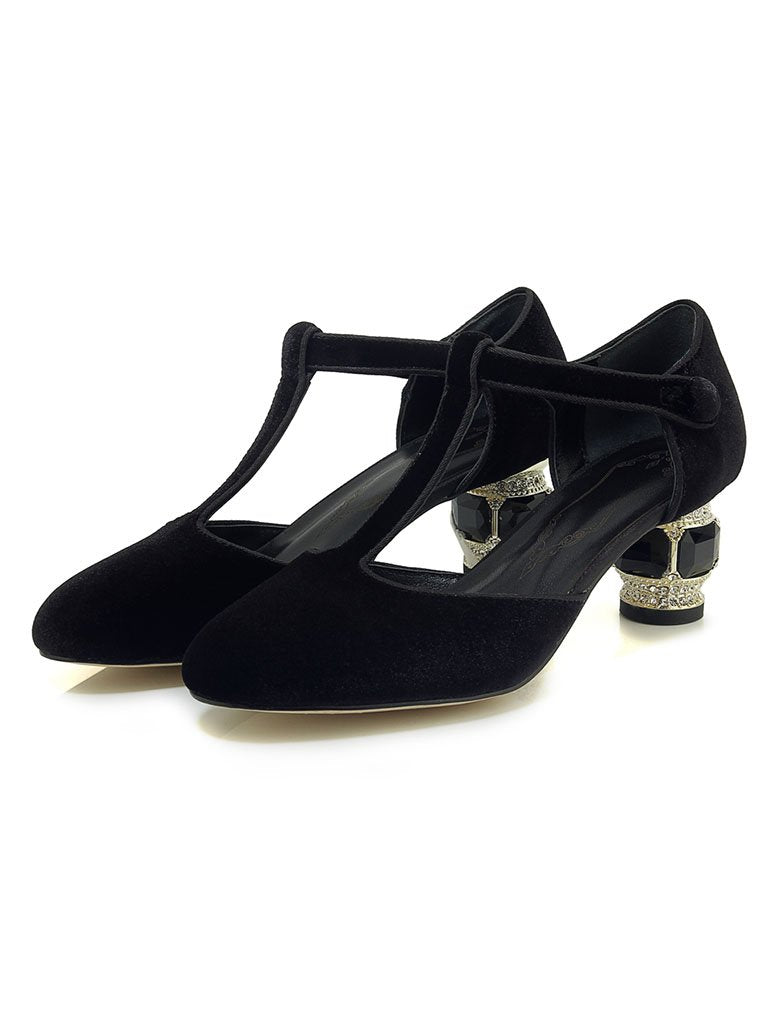 Velvet Rhinestone Chunky Heel  Vinatge Shoes