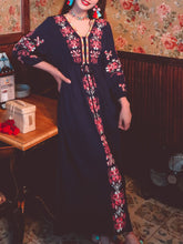 Load image into Gallery viewer, Women&#39;s Bohemian Embroidered Floral V Neck Long Sleeve Cotton Boho Maxi Dress