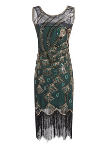 Green 1920s Peacock Sequined Flapper Dress