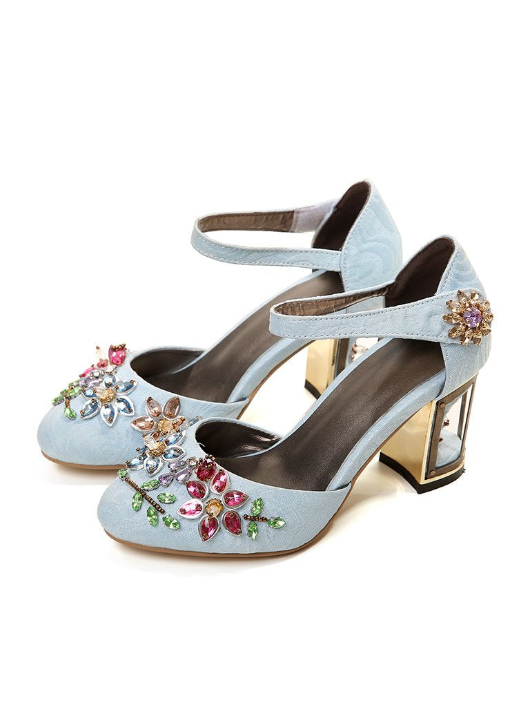 Luxury Womens Rhinestone Embroidery Crystal Flower Mary Janes Pumps