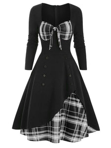 1950S Bow Heart Collar Plaid Long Sleeve Swing Dress