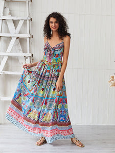 Women's Boho Dress Spaghetti Strap Bow Split Floral Printed Maxi Dress