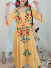 Load image into Gallery viewer, Women&#39;s Cotton Embroidered Floral Square Neck Flared Half Sleeve Maxi Boho Dress