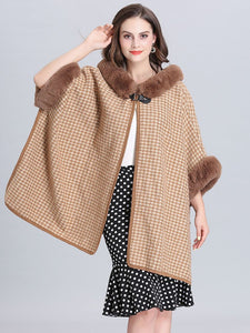 Faux Fur Coat Wool Cape Coat Hooded Long Sleeve Women Gingham Overcoat 