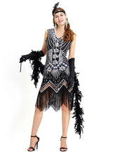 Load image into Gallery viewer, Black Silver 1920s V Neck Sequined Flapper Dres