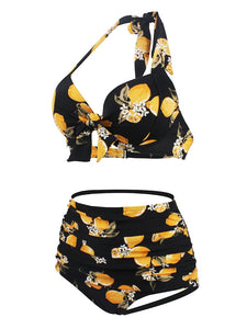 Retro Style Floral Solid Background Two Pieces Bikini Sets