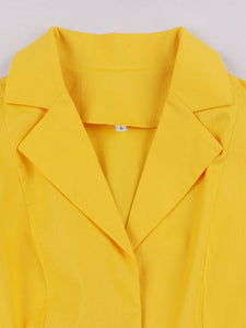 Short Sleeve Notch Collar Solid Yellow A Line Cocktail Vintage Cotton Dress